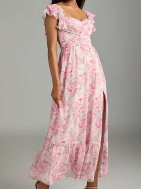 Azazie Floral Chiffon Maxi Dress Garden Wedding Guest Ruffles Romantic Plus 20